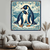 Art Deco Penguin Ice Bird Couple Snow Ocean Floral フォトプリント