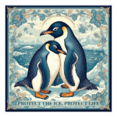 Art Deco Penguin Ice Bird Couple Snow Ocean Floral フォトプリント (正面)