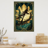 Art Deco Pine Tree Silhouette Gold Teal Cliff Post ポスター (キッチン)