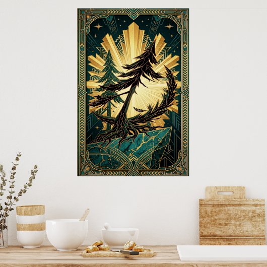 Art Deco Pine Tree Silhouette Gold Teal Cliff Post ポスター (キッチン)