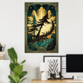 Art Deco Pine Tree Silhouette Gold Teal Cliff Post ポスター (ホームオフィス)