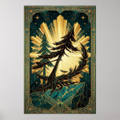 Art Deco Pine Tree Silhouette Gold Teal Cliff Post ポスター (正面)