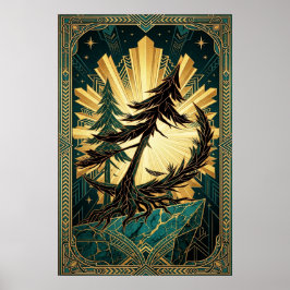 Art Deco Pine Tree Silhouette Gold Teal Cliff Post ポスター