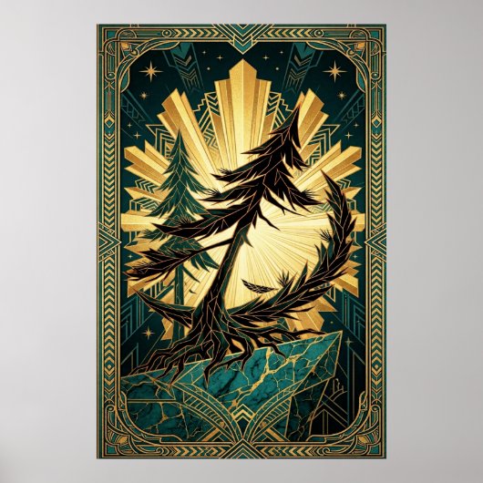 Art Deco Pine Tree Silhouette Gold Teal Cliff Post ポスター (正面)