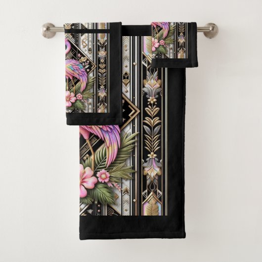 Art Deco Pink and Rainbow Flamingo  バスタオルセット (インサイチュ)