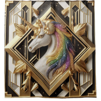 Art Deco Rainbow Faux Glitter Unicorn シャワーカーテン