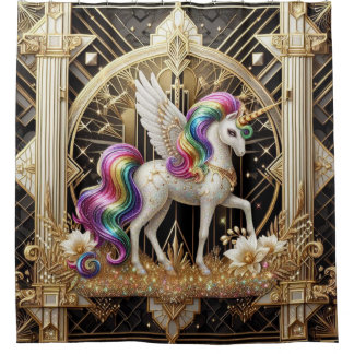 Art Deco Rainbow Faux Glitter Unicorn シャワーカーテン
