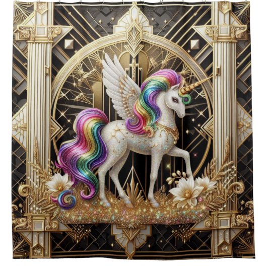 Art Deco Rainbow Faux Glitter Unicorn シャワーカーテン (正面)