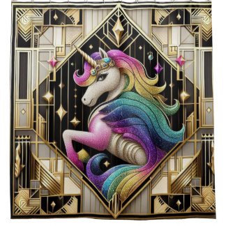 Art Deco Rainbow Faux Glitter Unicorn シャワーカーテン