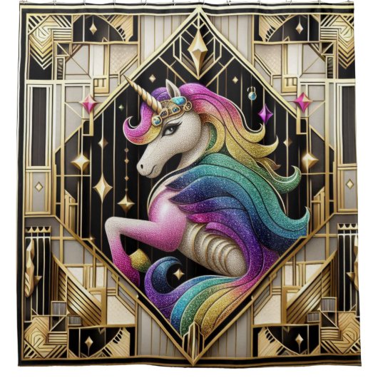 Art Deco Rainbow Faux Glitter Unicorn シャワーカーテン (正面)