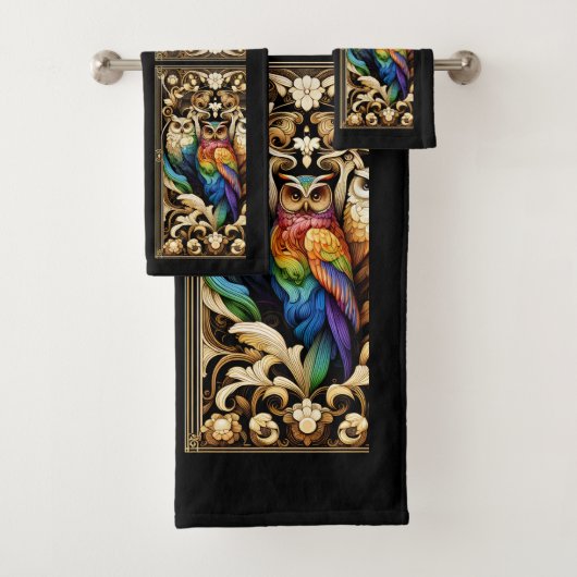 Art Deco Rainbow Owl バスタオルセット (インサイチュ)