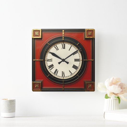Art Deco Red スクエア壁時計 (ホーム)