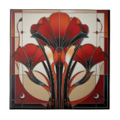 Art Deco Red Black White Abstract  Floral   タイル (正面)