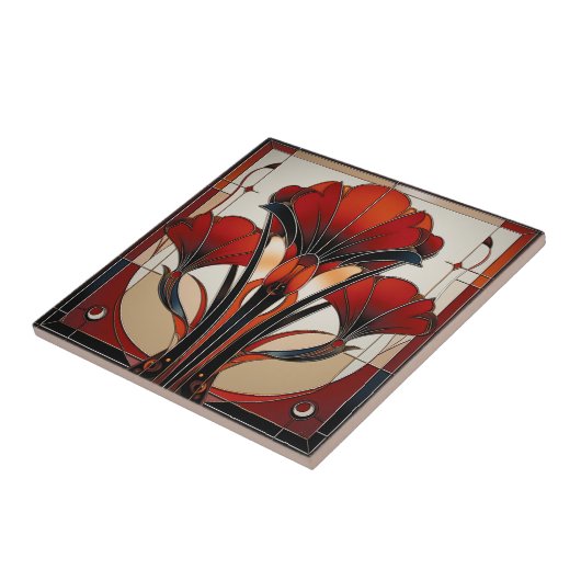 Art Deco Red Black White Abstract  Floral   タイル (側面)