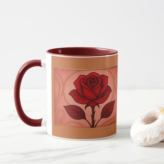 Art Deco Red Rose Maroon Combo Mug マグカップ (ドーナツ)