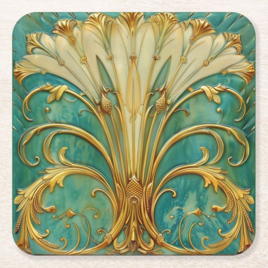 Art Deco Retro Gold Turquoise Trumpet Flower スクエアペーパーコースター (正面)
