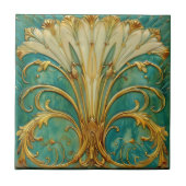Art Deco Retro Gold Turquoise Trumpet Flower タイル (正面)