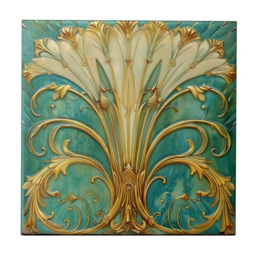 Art Deco Retro Gold Turquoise Trumpet Flower タイル (正面)