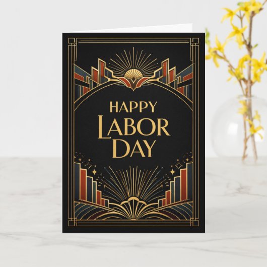 Art Deco Rising City Happy Labor Day カード (黄色い花)