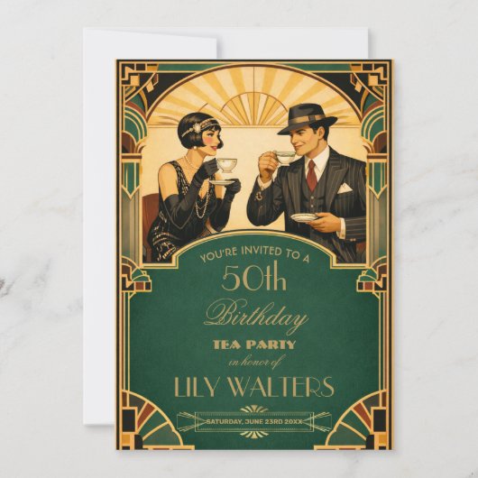 Art Deco Roaring 20s Gatsby Tea Birthday Party 招待状 (正面)