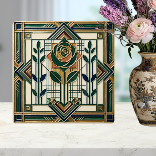 Art Deco Rose Geometric Emerald Green Tile タイル