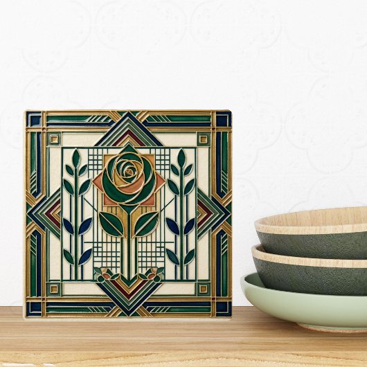 Art Deco Rose Geometric Emerald Green Tile タイル