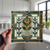 Art Deco Rose Geometric Emerald Green Tile タイル