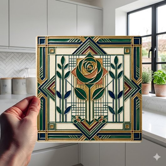 Art Deco Rose Geometric Emerald Green Tile タイル