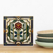 Art Deco Rose Red Blue Green Gold Floral Art Tile タイル
