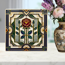 Art Deco Rose Red Blue Green Gold Floral Art Tile タイル