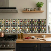 Art Deco Rose Red Blue Green Gold Floral Art Tile タイル