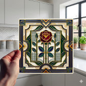 Art Deco Rose Red Blue Green Gold Floral Art Tile タイル