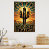 Art Deco Saguaro Cactus Sunburst Desert Gold Teal  ポスター (キッチン)