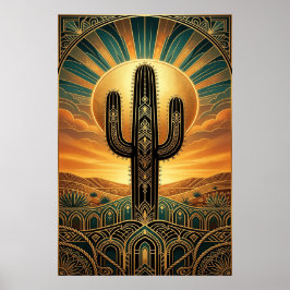 Art Deco Saguaro Cactus Sunburst Desert Gold Teal  ポスター