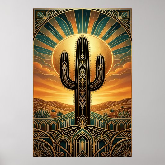 Art Deco Saguaro Cactus Sunburst Desert Gold Teal  ポスター (正面)