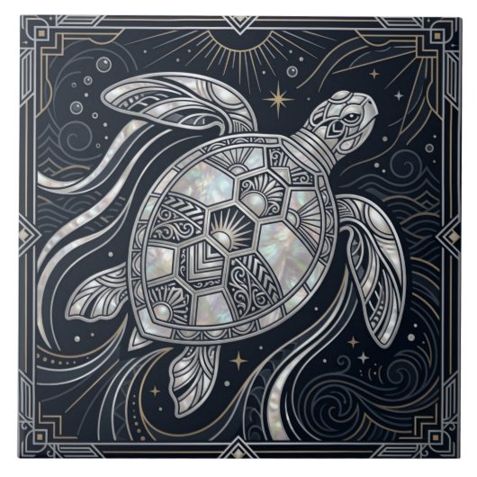 Art Deco Sea Turtle Mother of Pearl Style Tile タイル (正面)