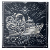 Art Deco Silver boat Ocean Waves Starry Night タイル (正面)