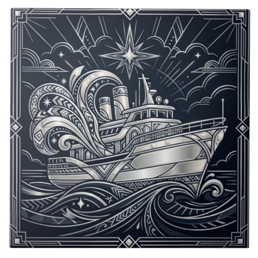 Art Deco Silver  boat Ocean Waves Starry Night タイル (正面)
