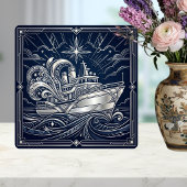 Art Deco Silver  boat Ocean Waves Starry Night タイル