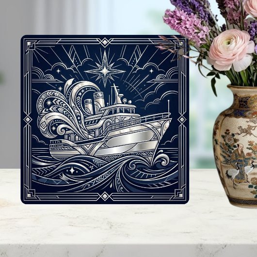Art Deco Silver boat Ocean Waves Starry Night タイル