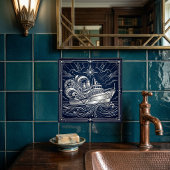 Art Deco Silver boat Ocean Waves Starry Night タイル