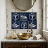 Art Deco Silver boat Ocean Waves Starry Night タイル