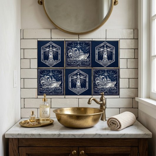 Art Deco Silver  boat Ocean Waves Starry Night タイル