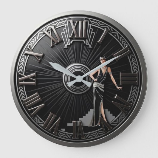 Art Deco Silver Elegance ラージ壁時計 (正面)