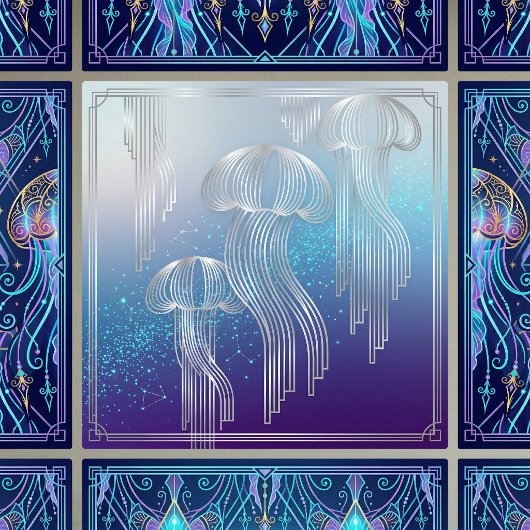 Art Deco Silver Jellyfish Ocean Gradient Design タイル