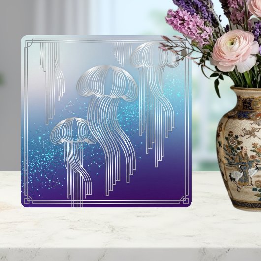 Art Deco Silver Jellyfish Ocean Gradient Design タイル