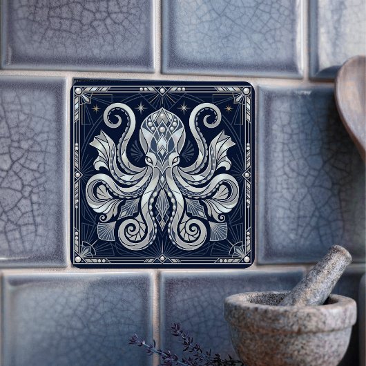 Art Deco Silver Octopus Mandala  Kraken  タイル