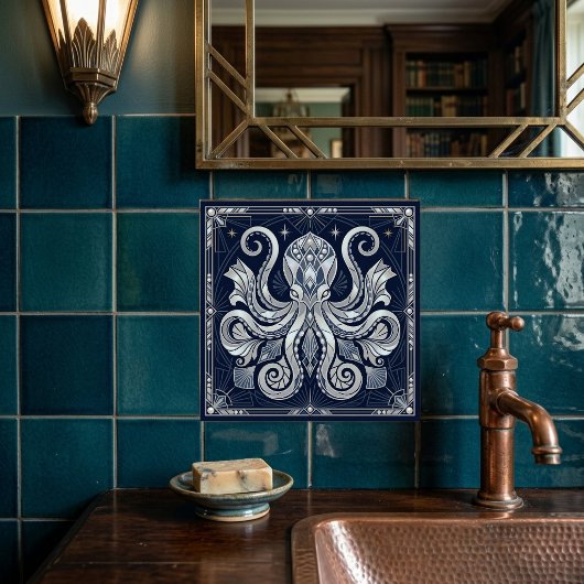 Art Deco Silver Octopus Mandala  Kraken  タイル