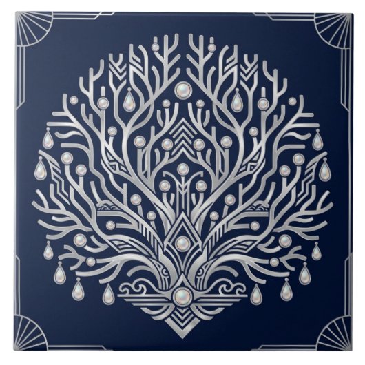 Art Deco Silver Tree Pearls Navy Marine タイル (正面)