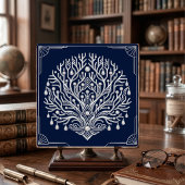 Art Deco Silver Tree Pearls Navy Marine タイル